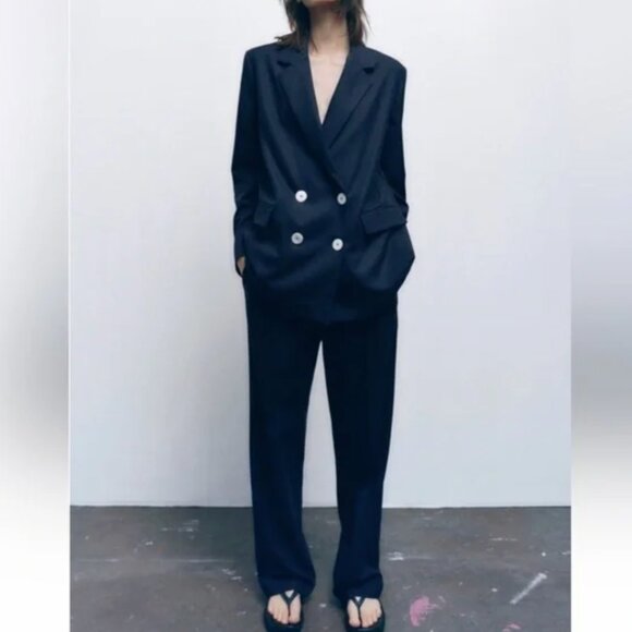 ZARA NAVY BLUE DOUBLE BREASTED LONG MINIMALIST BLAZER JACKET Medium - Picture 3 of 10